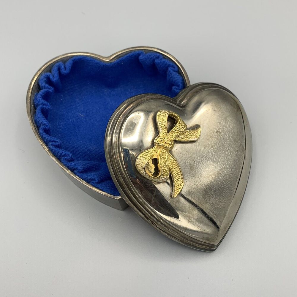 Vtg Metal Silver Toned Heart Trinket Box Blue Lining Jewely Box Gold Tone Bow